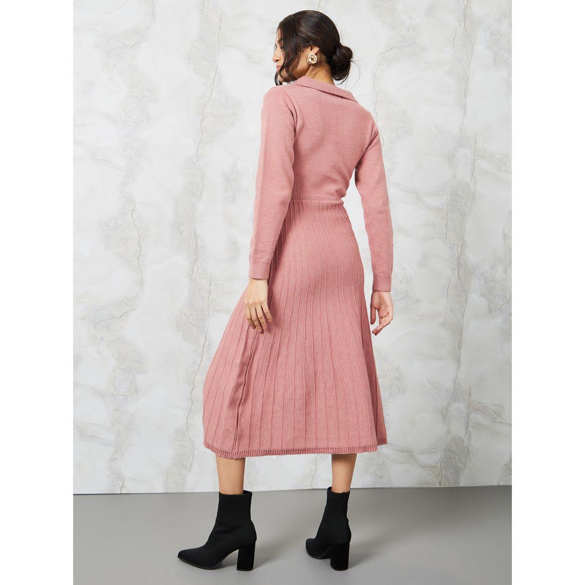 Styli Textured Knit Long Sleeve A-Line Midi Dress-women-clothing-dresses-image-4
