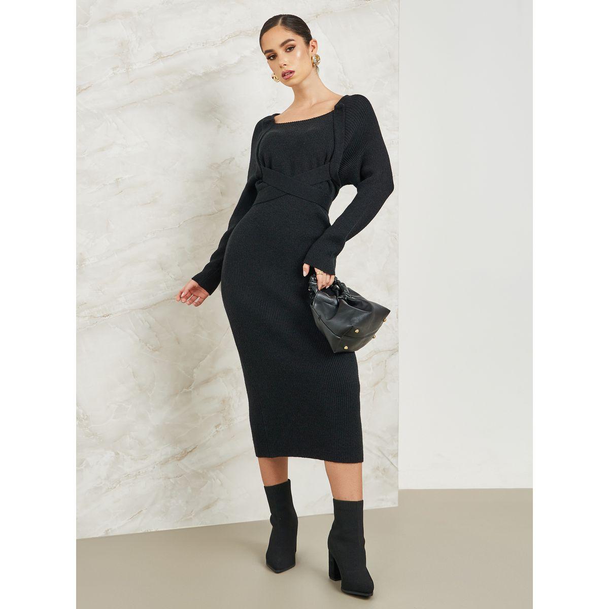 Styli Cross Strap Tie-Up Waistband Knit Sweater Midi Dress-women-clothing-dresses-image-1
