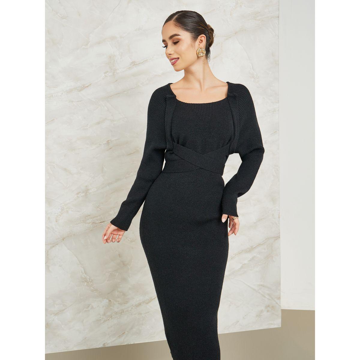 Styli Cross Strap Tie-Up Waistband Knit Sweater Midi Dress-women-clothing-dresses-image-2
