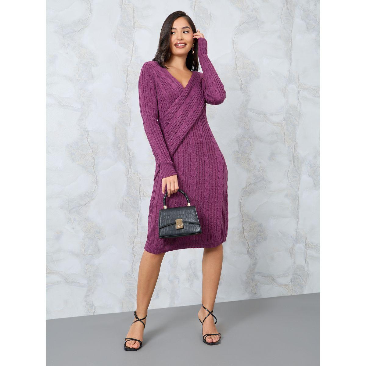 Styli Cable Knit Wrap Front Knee Length Dress-women-clothing-dresses-image-1