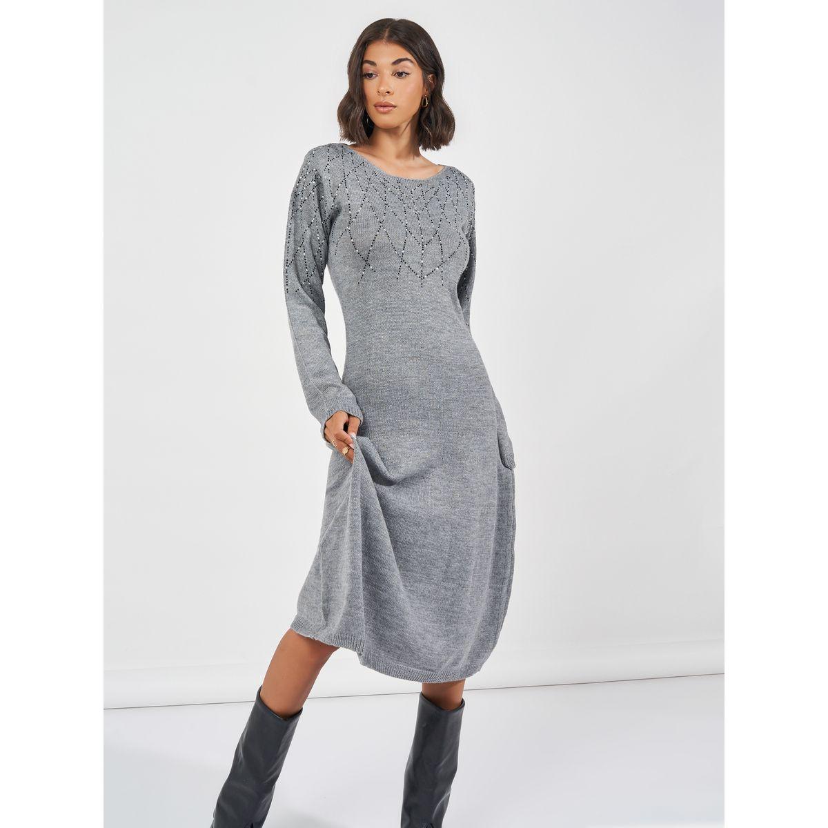 فستان ميدي محبوك ومنمق بالترتر-women-clothing-dresses-image-1