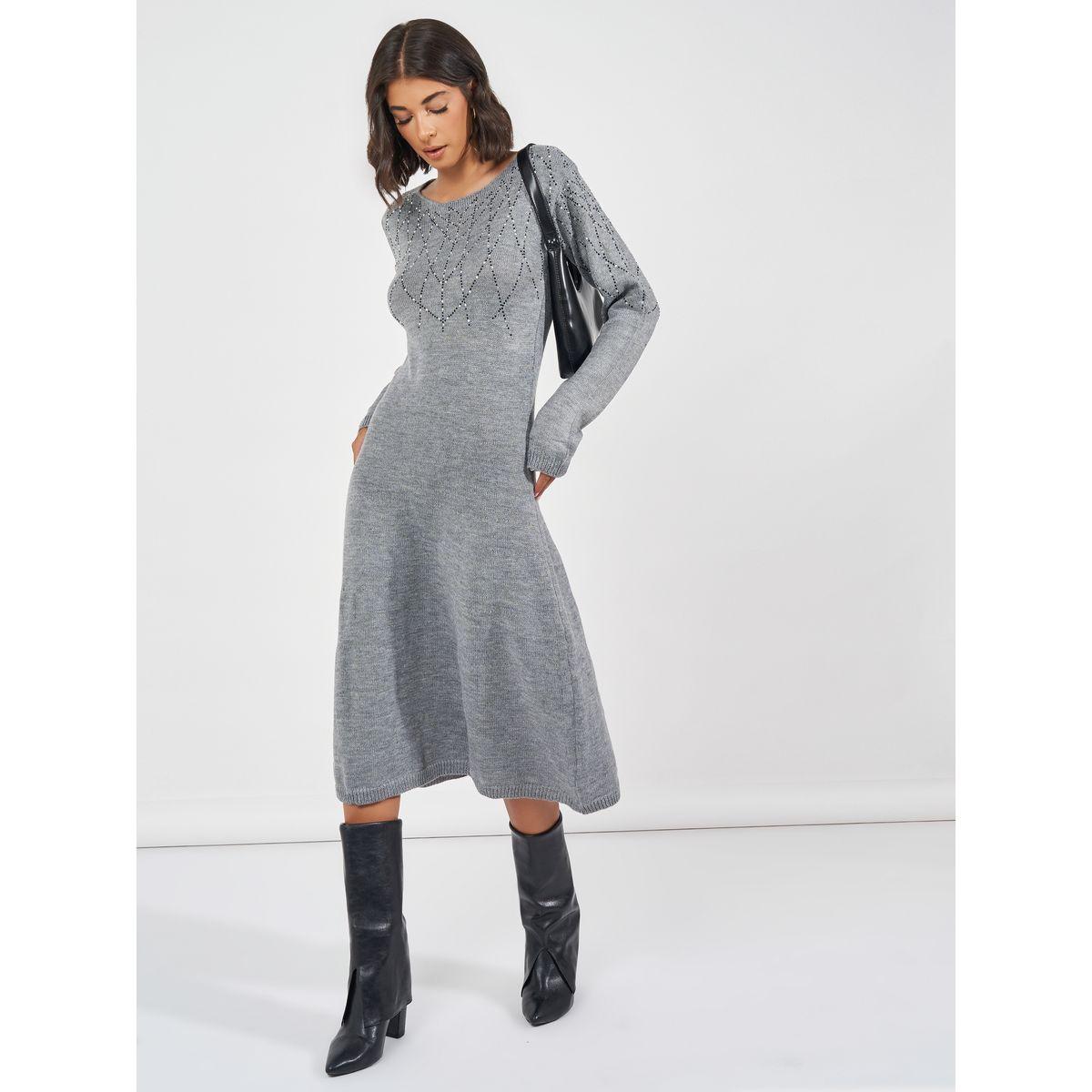 فستان ميدي محبوك ومنمق بالترتر-women-clothing-dresses-image-2