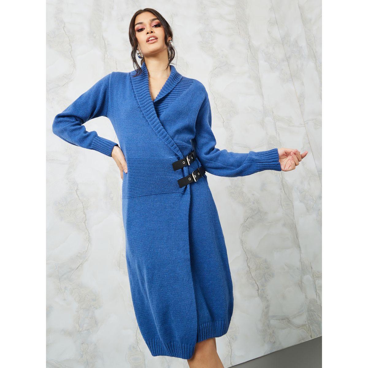 Styli Textured Knit Blazer Knee Length Dress with Buckle Belt-women-clothing-dresses-image-1