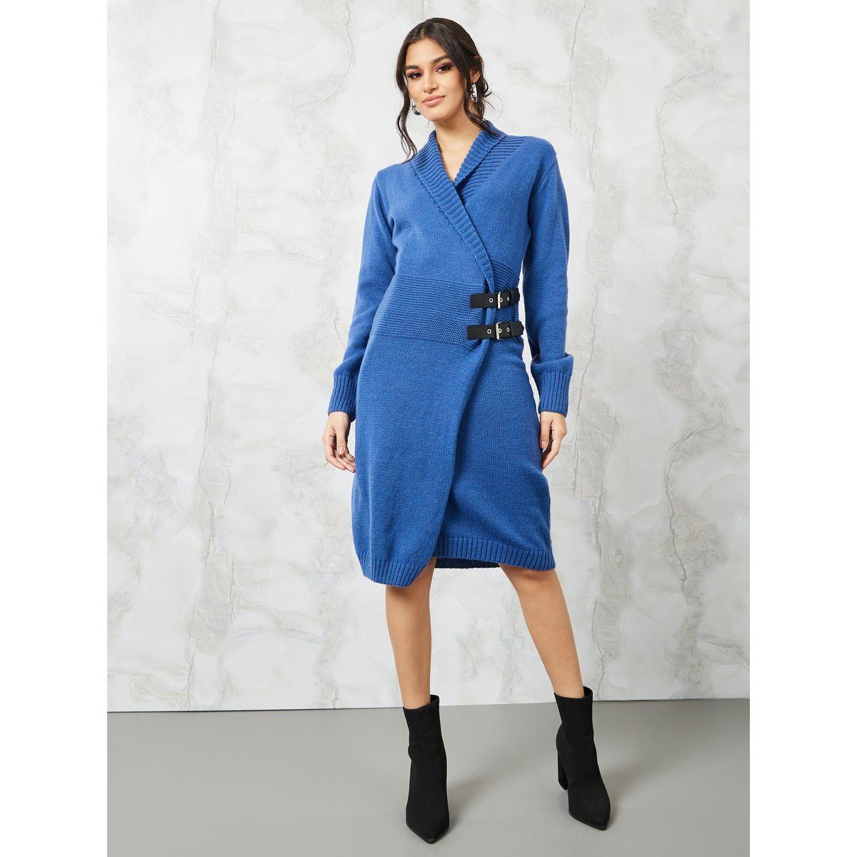 Styli Textured Knit Blazer Knee Length Dress with Buckle Belt-women-clothing-dresses-image-2