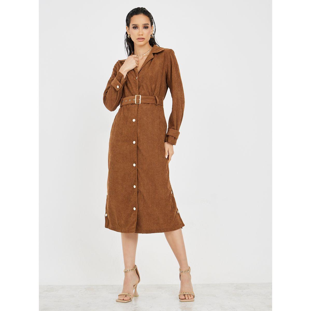 Styli Belted Corduroy Shirt Midi Dress-women-clothing-dresses-image-1