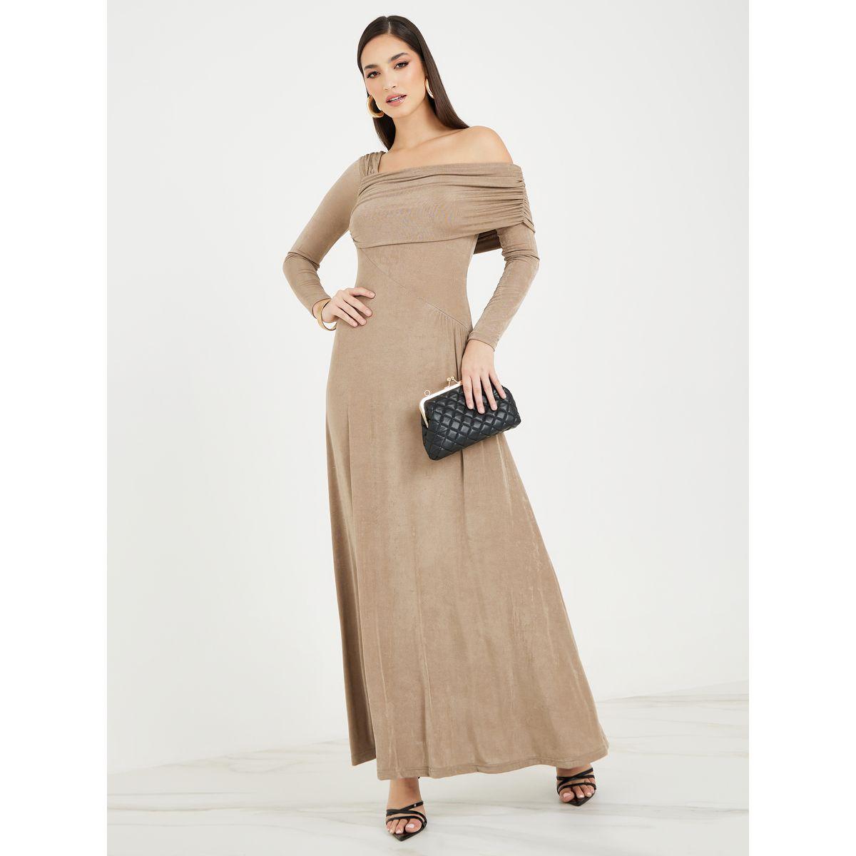 Styli Asymmetric Neck Ruched A-Line Maxi Dress-women-clothing-dresses-image-1