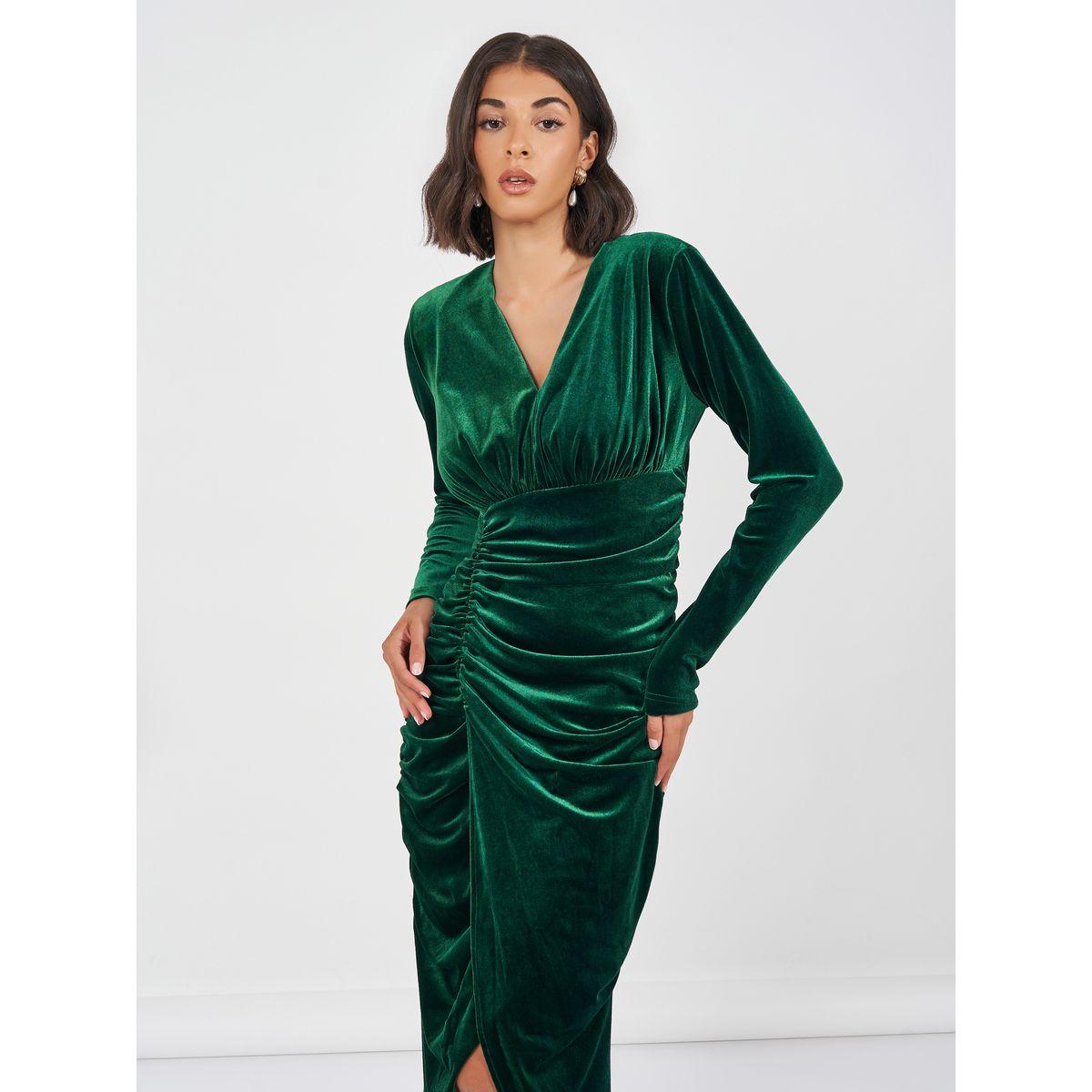 Styli Gathered Velvet Maxi Dress with V Neck-women-clothing-dresses-image-2