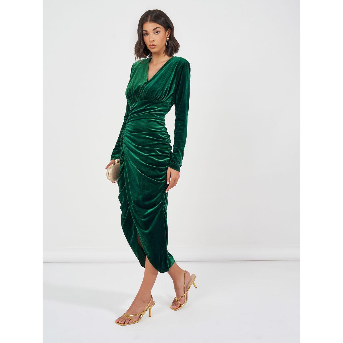 Styli Gathered Velvet Maxi Dress with V Neck-women-clothing-dresses-image-4