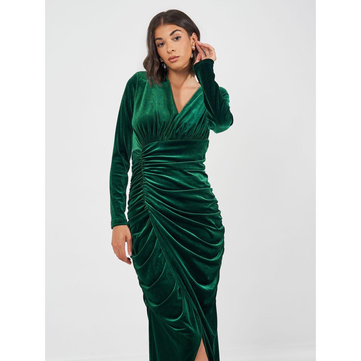 Styli Gathered Velvet Maxi Dress with V Neck-women-clothing-dresses-image-5