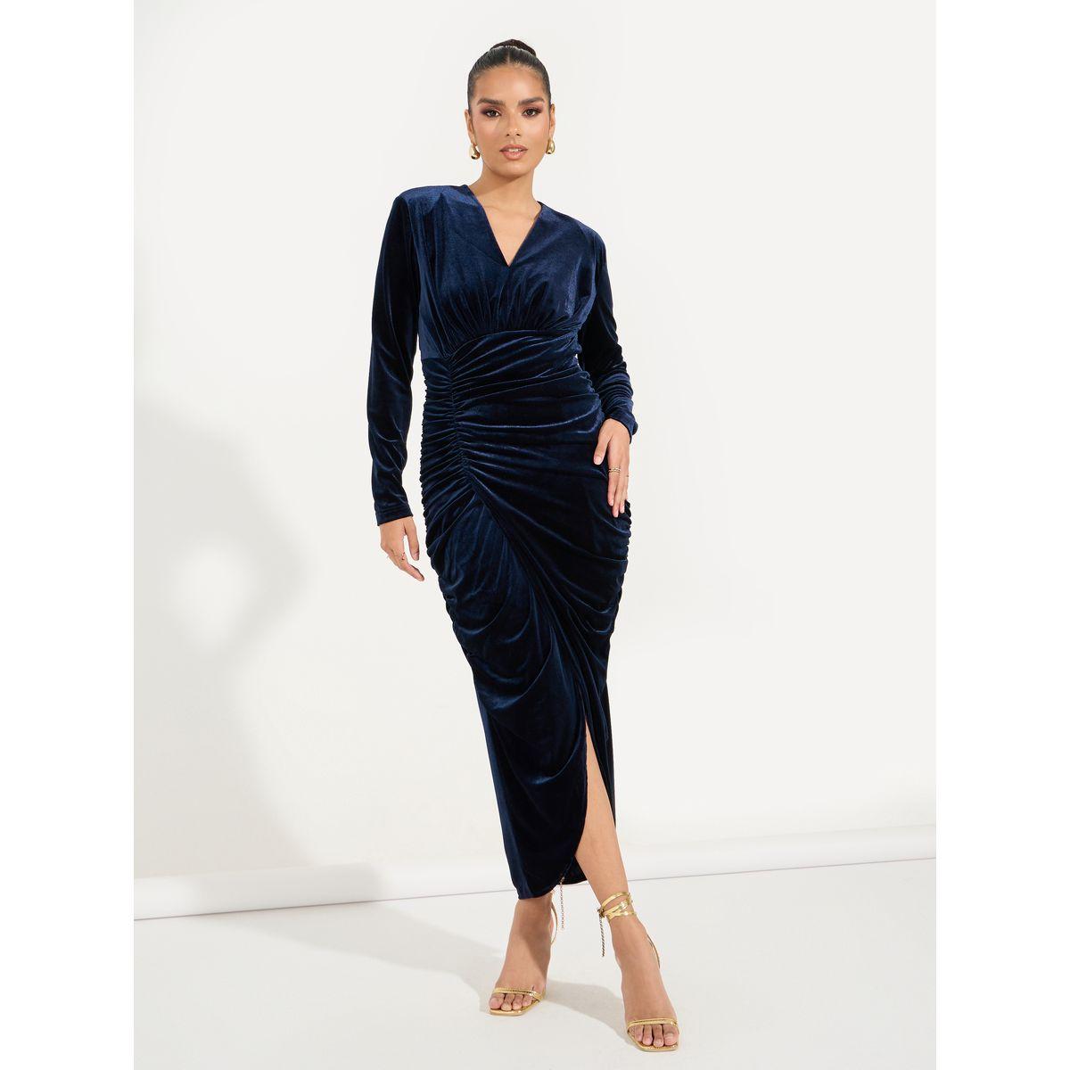 Styli Velvet Ruched Maxi Dress with V Neck-women-clothing-dresses-image-4