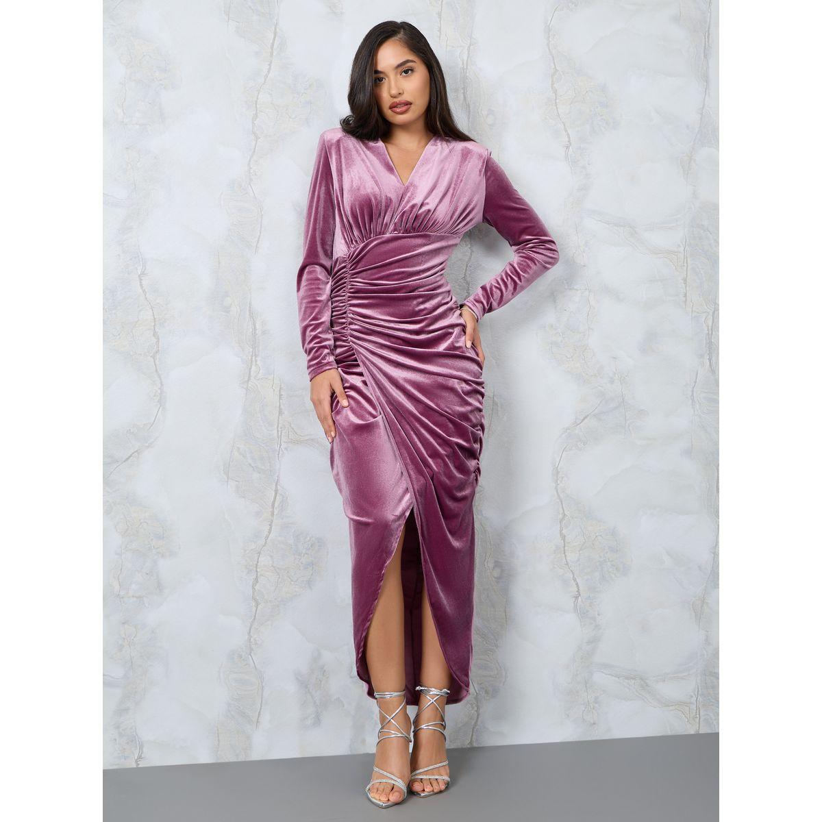 فستان طويل مخملي بتفاصيل مزمومة-women-clothing-dresses-image-1