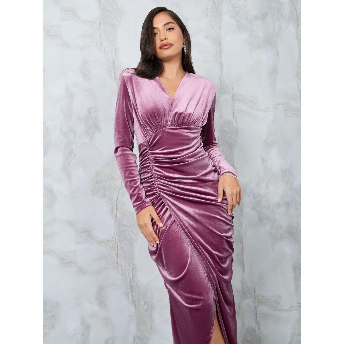 Styli Velvet Ruched Maxi Dress with V Neck-women-clothing-dresses-image-2