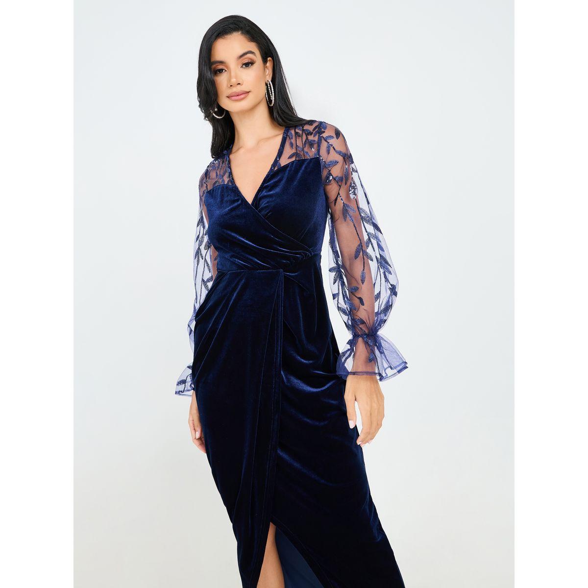 Styli Floral Mesh Insert Velour Wrap Maxi Dress-women-clothing-dresses-image-2