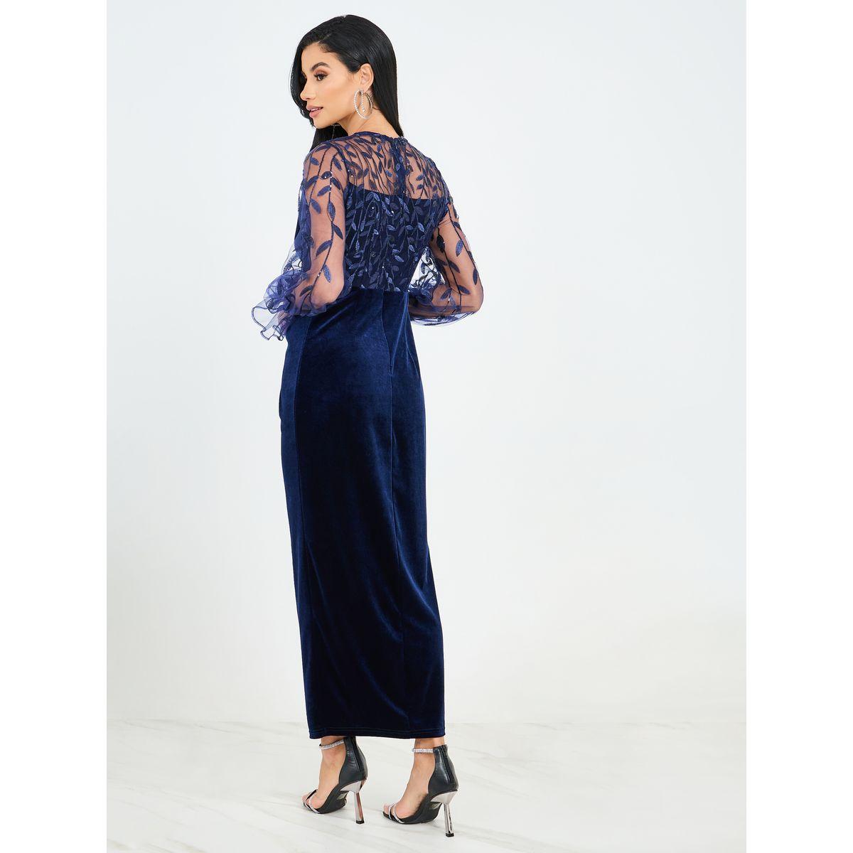Styli Floral Mesh Insert Velour Wrap Maxi Dress-women-clothing-dresses-image-4