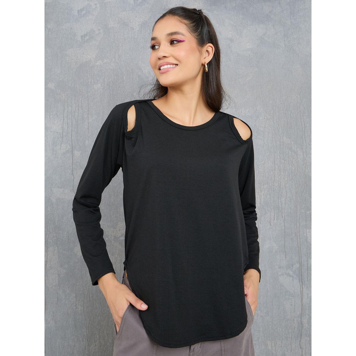 Styli Cut-Out Shoulder Detail Curved Hem T-Shirt-women-clothing-tshirts-image-1
