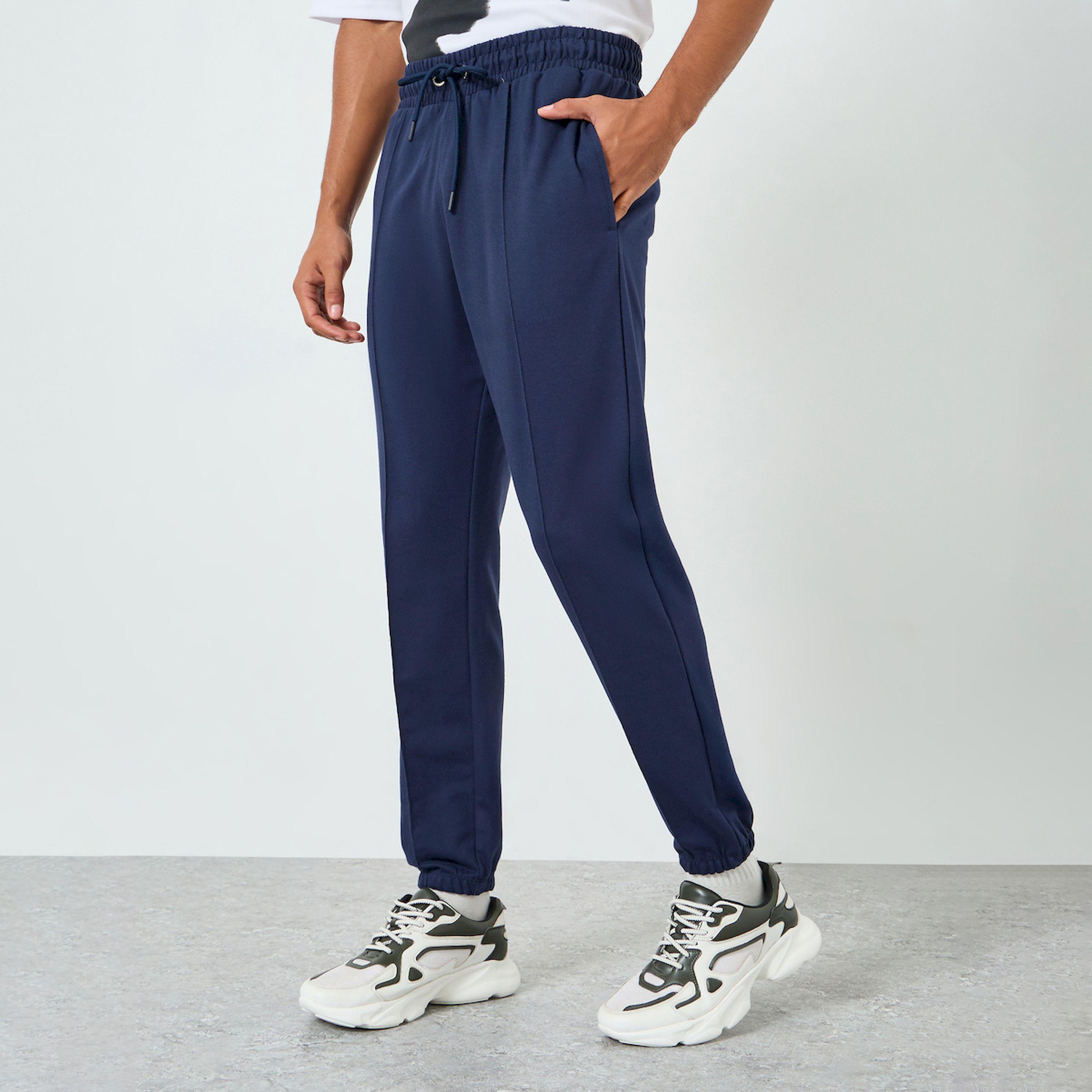 Styli Men Navy Blue Solid Joggers with Pintuck Detail-men-clothing-bottoms-joggers-image-1