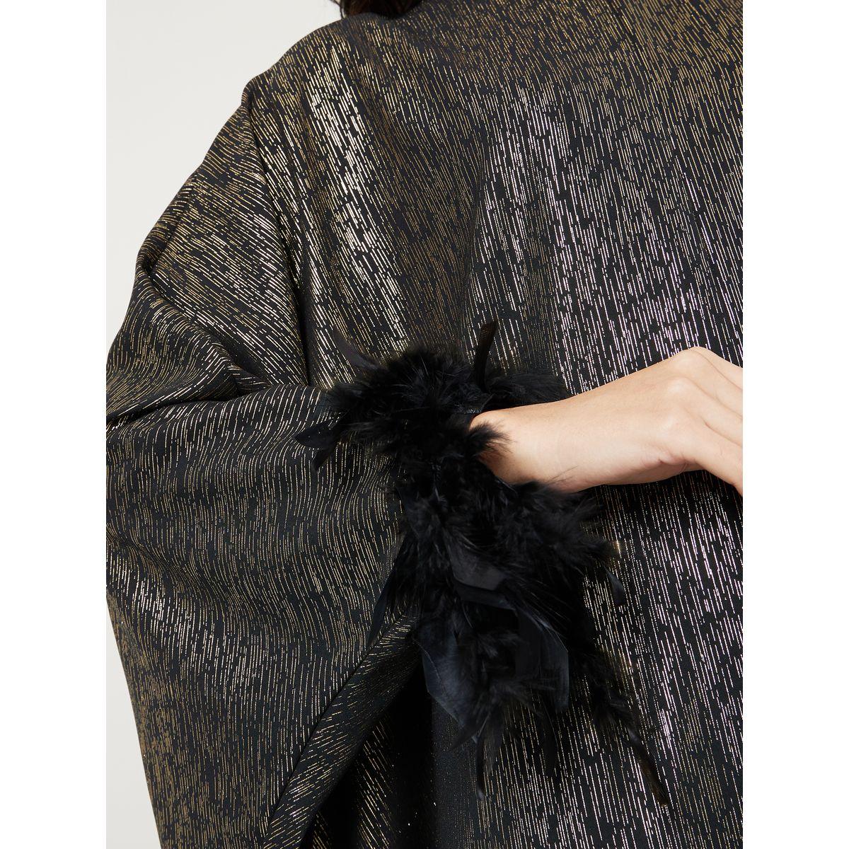 Styli Shimmer Kaftan with Faux Feather Trim-women-arabicclothing-kaftan-image-3