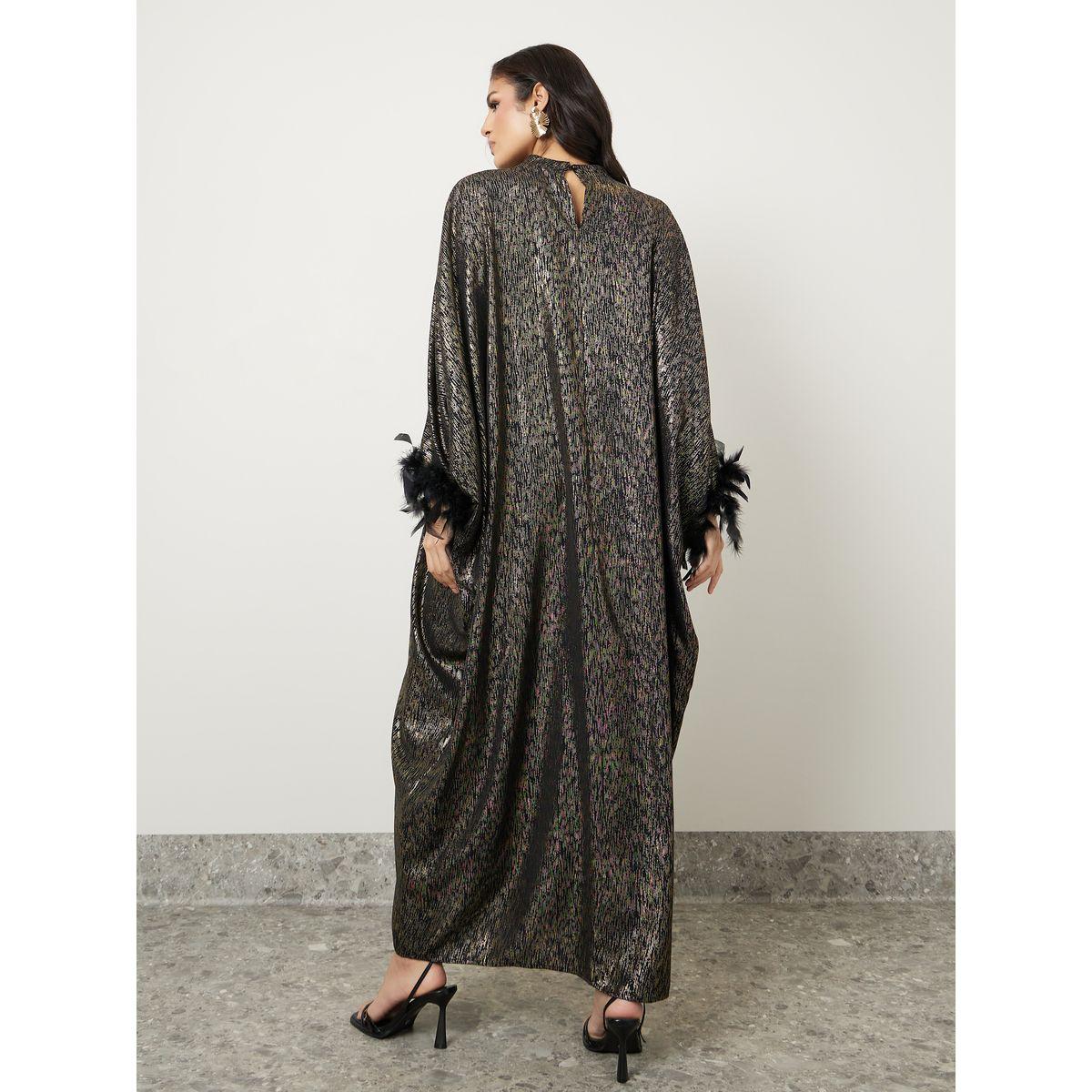 Styli Shimmer Kaftan with Faux Feather Trim-women-arabicclothing-kaftan-image-4