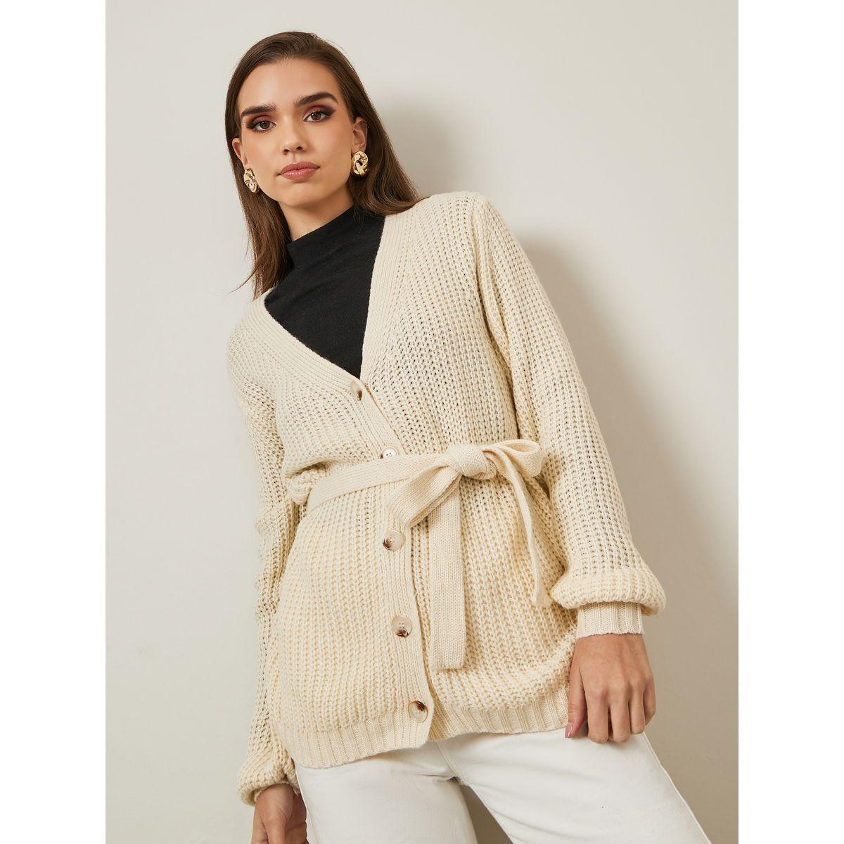Styli Regular Fit Button Down Cable Knit Cardigan With Belt-women-winterwear-cardigansandjumpers-cardigans-image-1