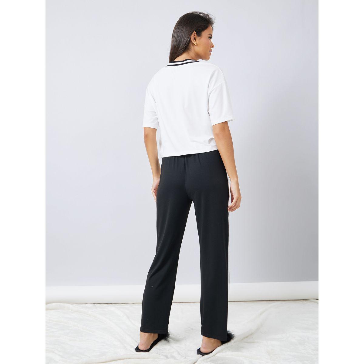 Styli Unwind Striped V Neck Slogan T-Shirt & Side Stripe Pyjama Set-women-clothing-nightwear-pyjamas-longsets-image-6