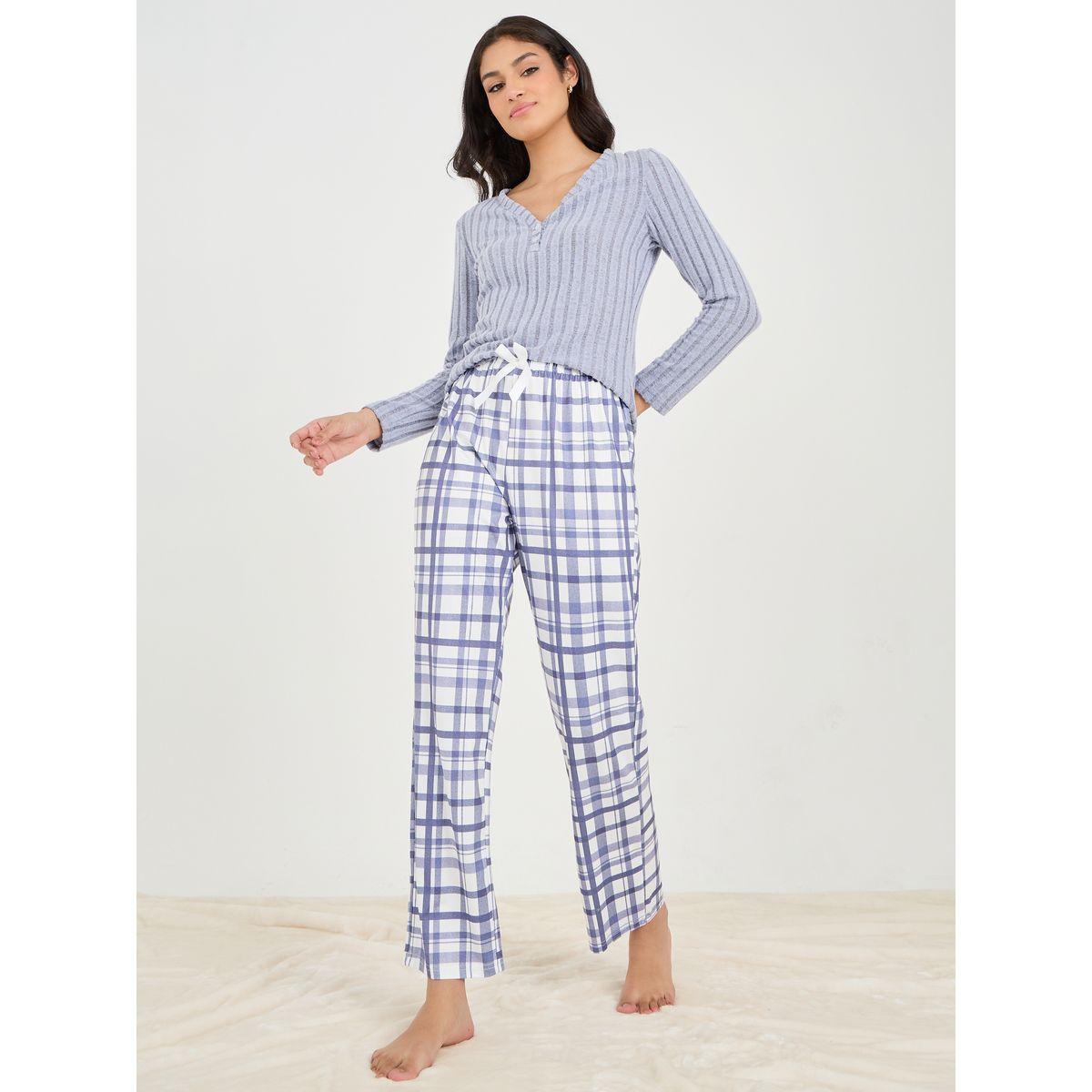 Styli Unwind Brushed Rib Henley Neck T-Shirt & Checked Pyjama Set-women-clothing-nightwear-pyjamas-longsets-image-1