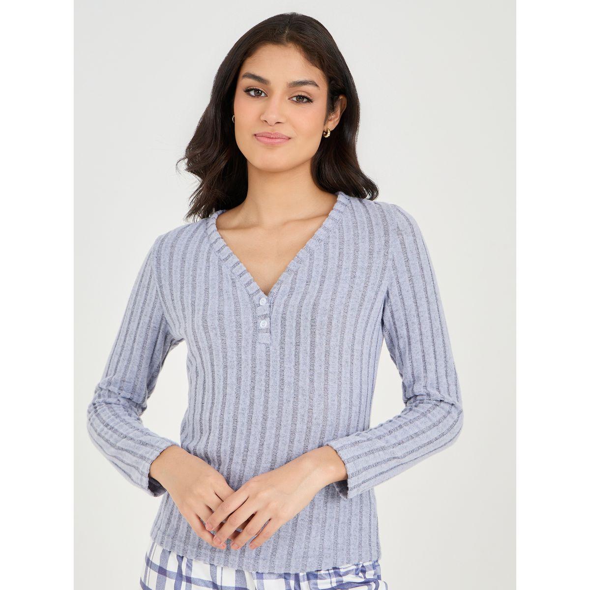 Styli Unwind Brushed Rib Henley Neck T-Shirt & Checked Pyjama Set-women-clothing-nightwear-pyjamas-longsets-image-2