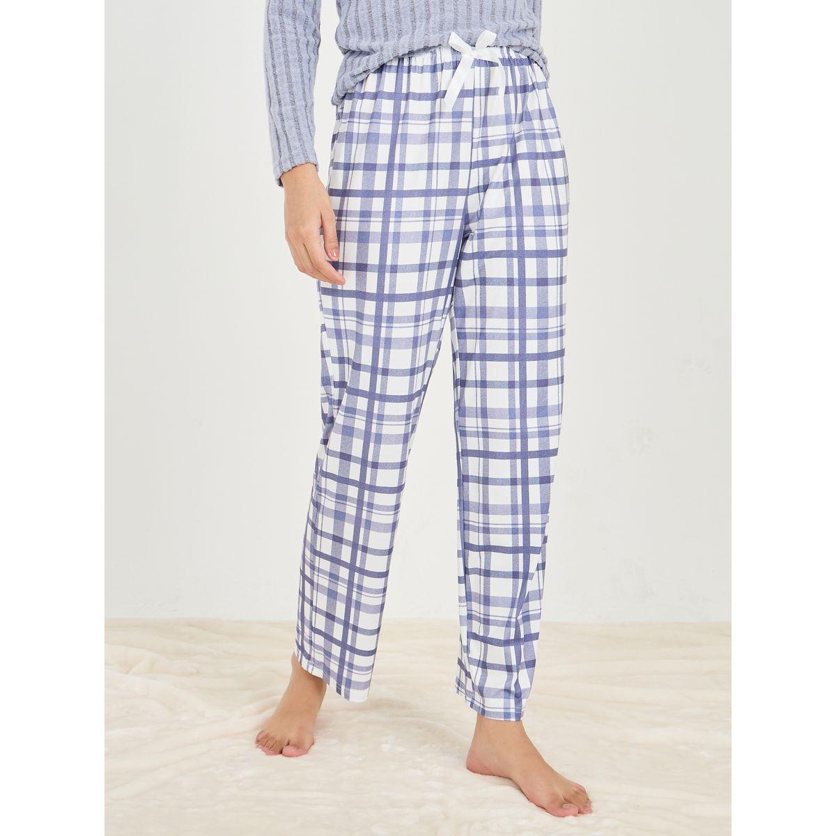 Styli Unwind Brushed Rib Henley Neck T-Shirt & Checked Pyjama Set-women-clothing-nightwear-pyjamas-longsets-image-3