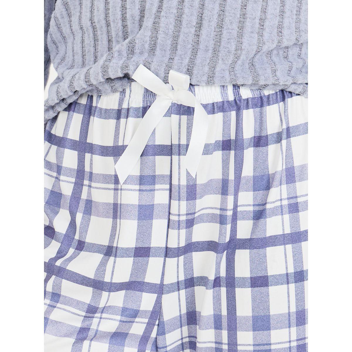 Styli Unwind Brushed Rib Henley Neck T-Shirt & Checked Pyjama Set-women-clothing-nightwear-pyjamas-longsets-image-5