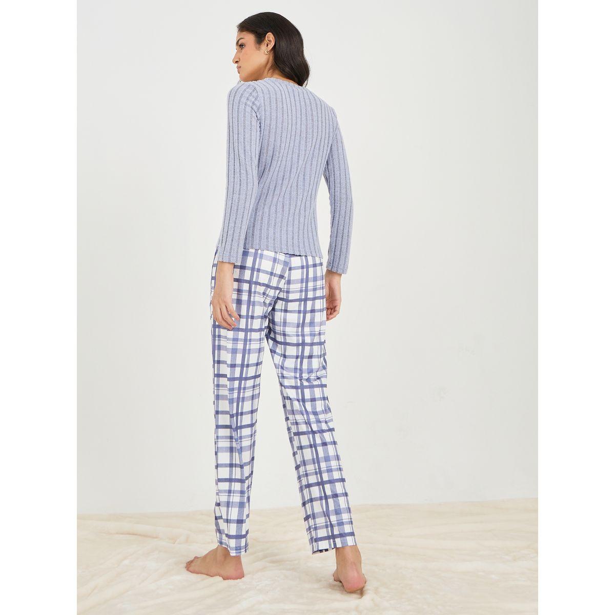 Styli Unwind Brushed Rib Henley Neck T-Shirt & Checked Pyjama Set-women-clothing-nightwear-pyjamas-longsets-image-6