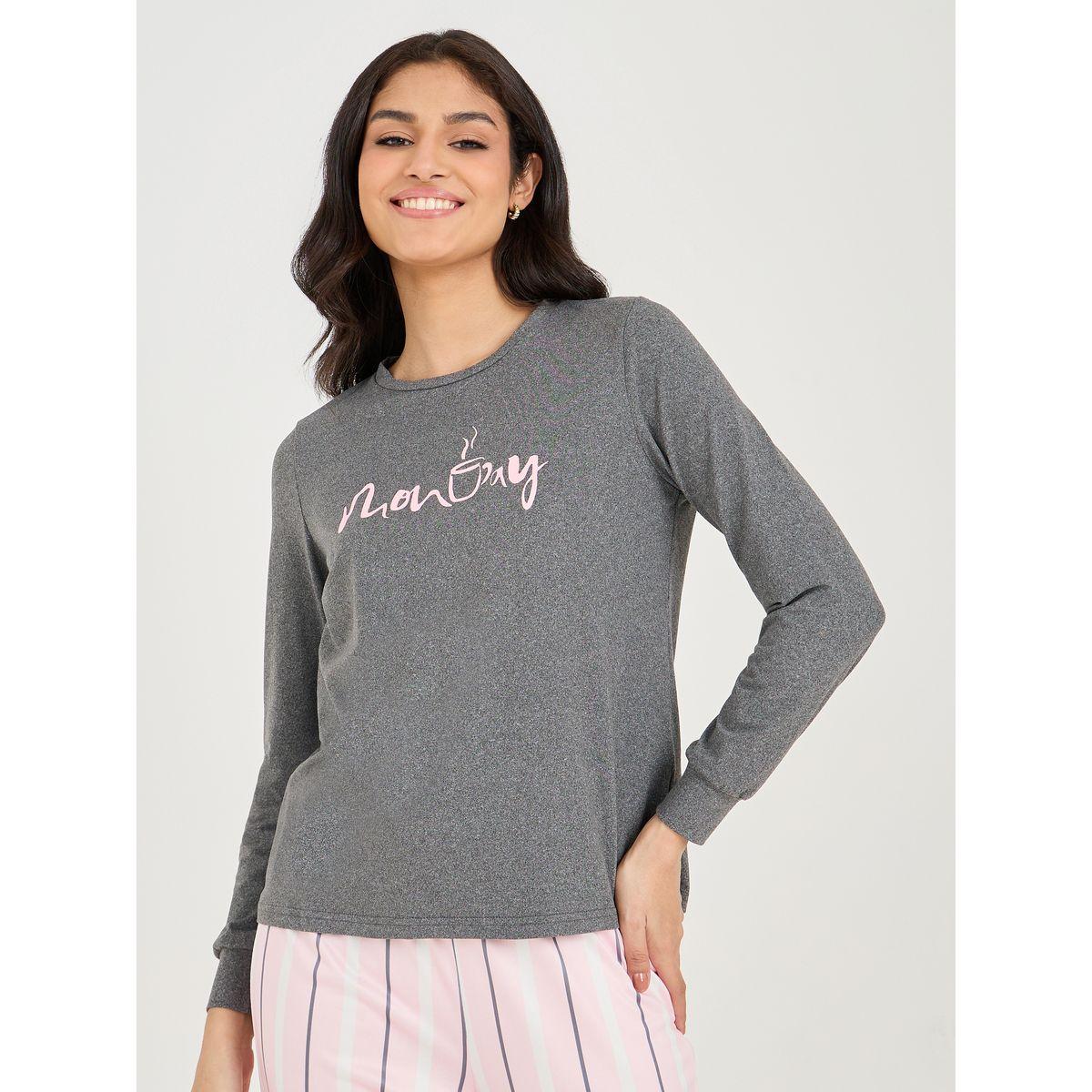 Styli Unwind Monday Slogan Long Sleeve T-Shirt & Stripe Pyjama Set-women-clothing-nightwear-pyjamas-longsets-image-2