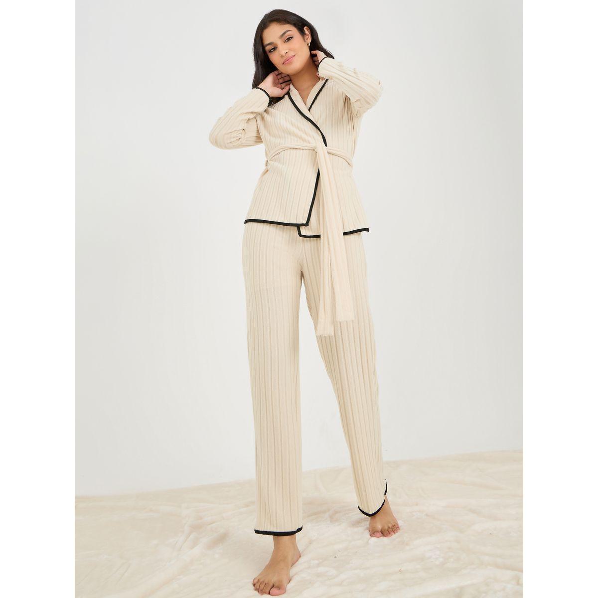 Styli Unwind Brushed Rib Piped Edge Tie Front Shirt & Pyjama Set-women-clothing-nightwear-pyjamas-longsets-image-1