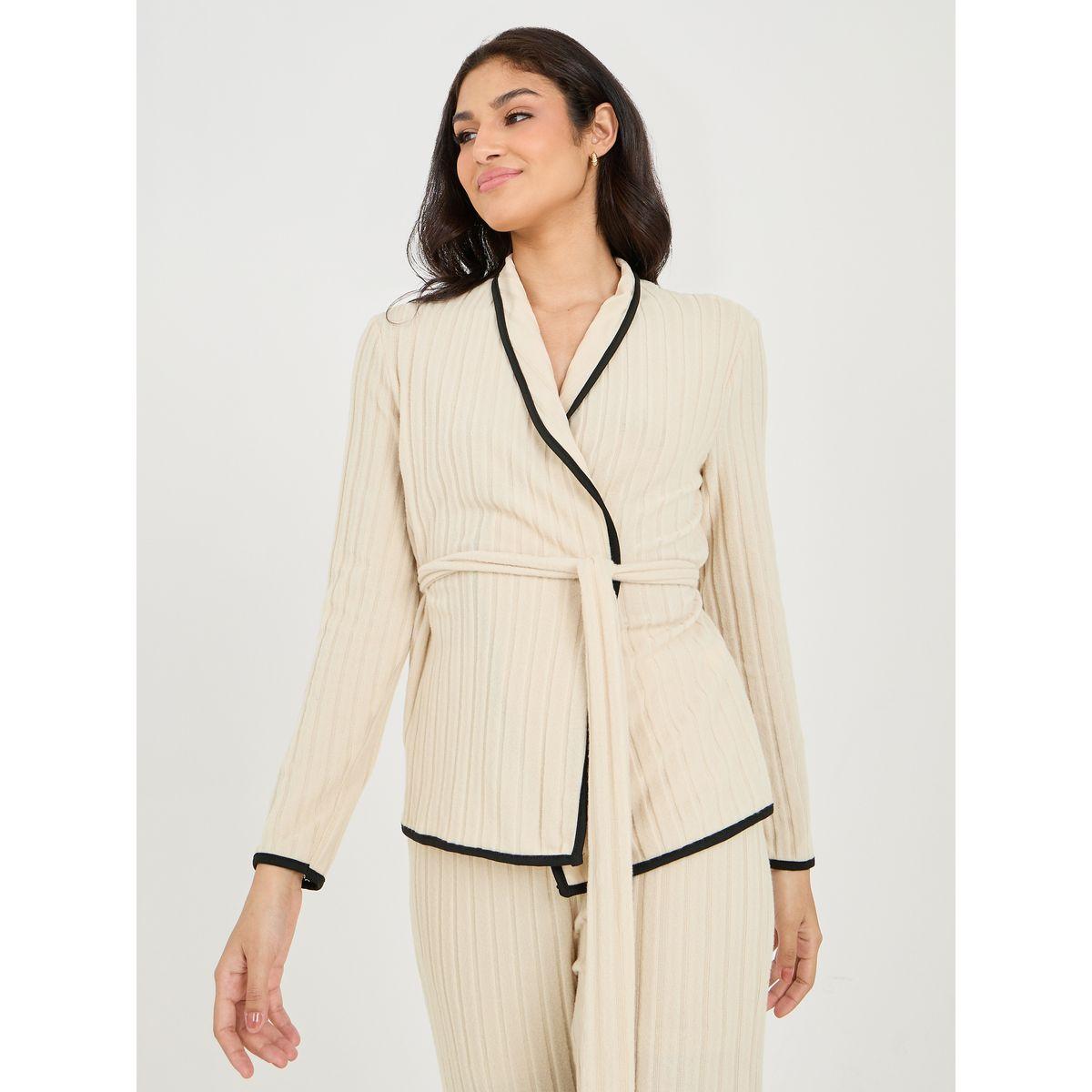 Styli Unwind Brushed Rib Piped Edge Tie Front Shirt & Pyjama Set-women-clothing-nightwear-pyjamas-longsets-image-2