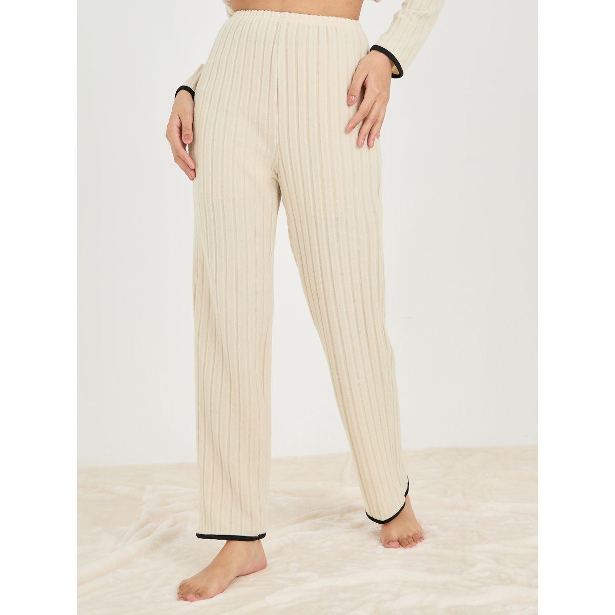 Styli Unwind Brushed Rib Piped Edge Tie Front Shirt & Pyjama Set-women-clothing-nightwear-pyjamas-longsets-image-3