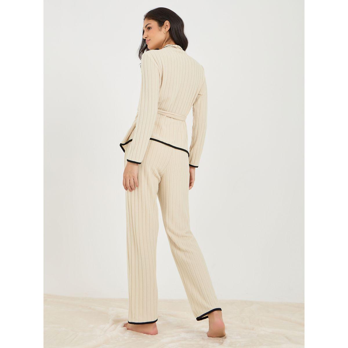 Styli Unwind Brushed Rib Piped Edge Tie Front Shirt & Pyjama Set-women-clothing-nightwear-pyjamas-longsets-image-5