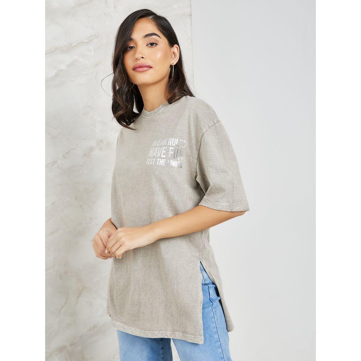 Styli Acid Wash Break Rules Foil Slogan Turn-Up Sleeve T-Shirt-women-clothing-tshirts-image-1