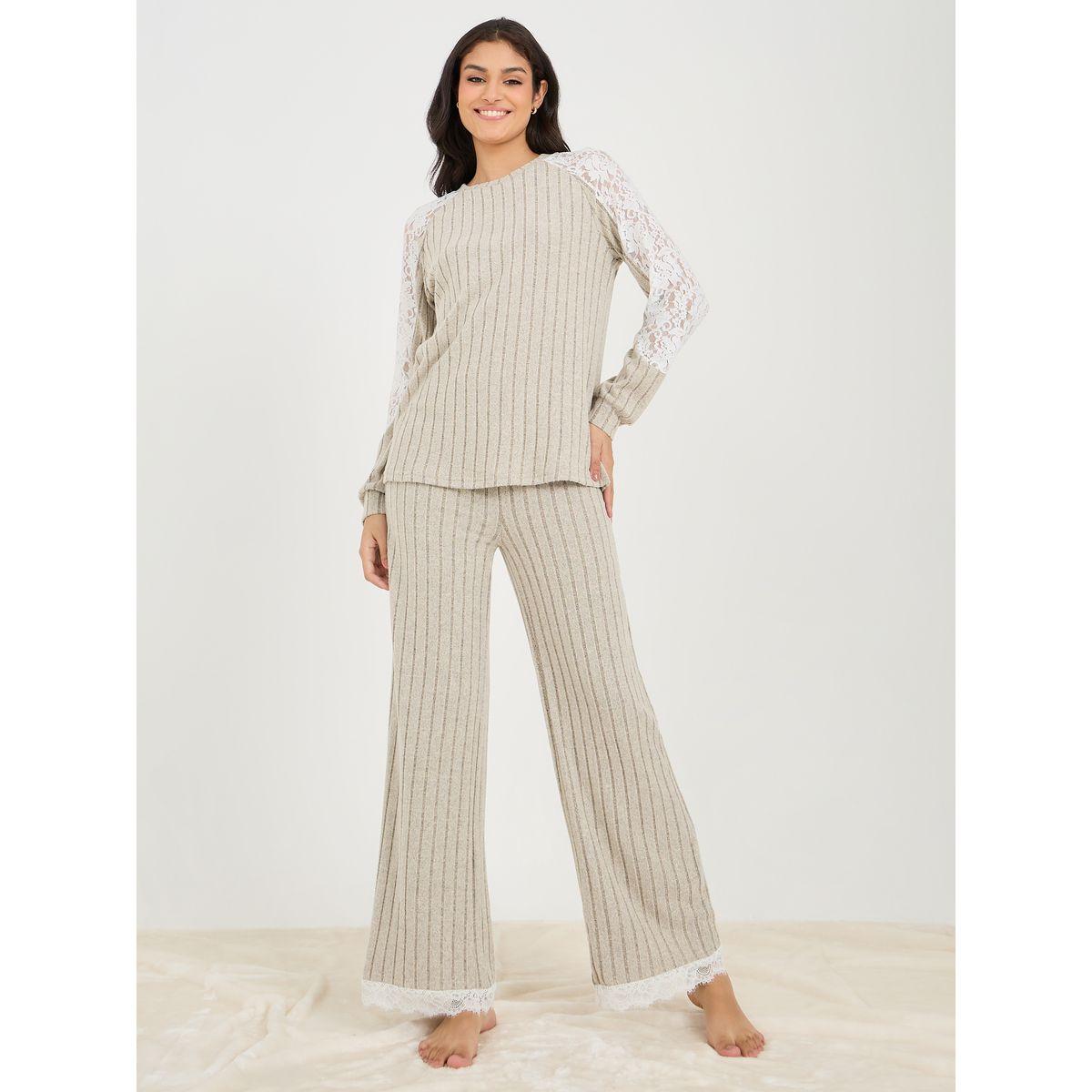 Styli Unwind Brushed Rib Raglan Crochet Lace Sleeve Top & Trouser Lounge Set-women-clothing-coordsets-image-1