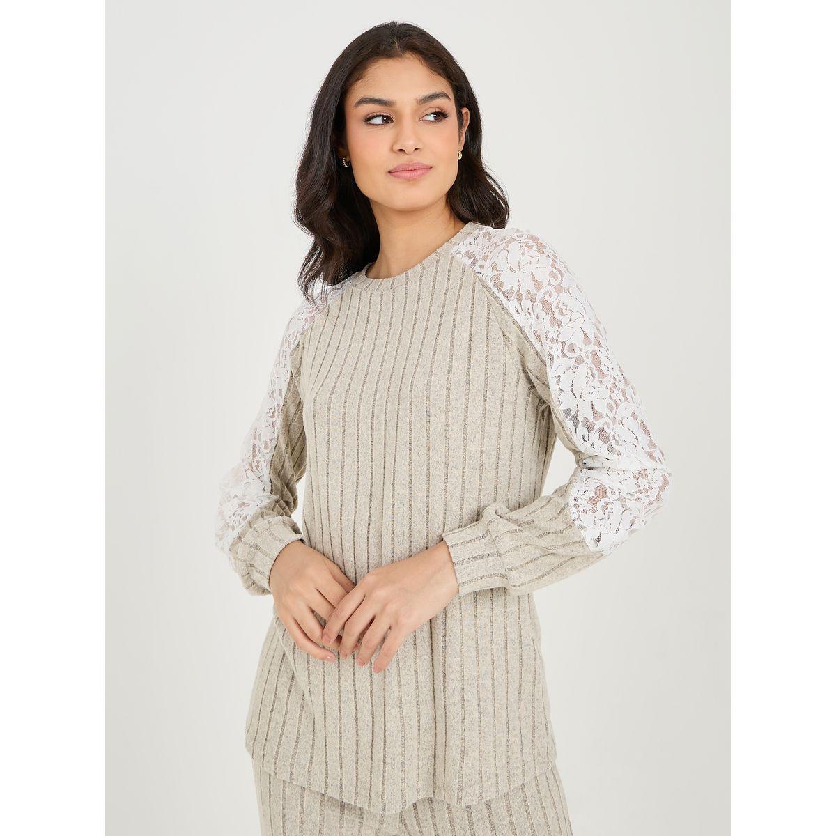 Styli Unwind Brushed Rib Raglan Crochet Lace Sleeve Top & Trouser Lounge Set-women-clothing-coordsets-image-2
