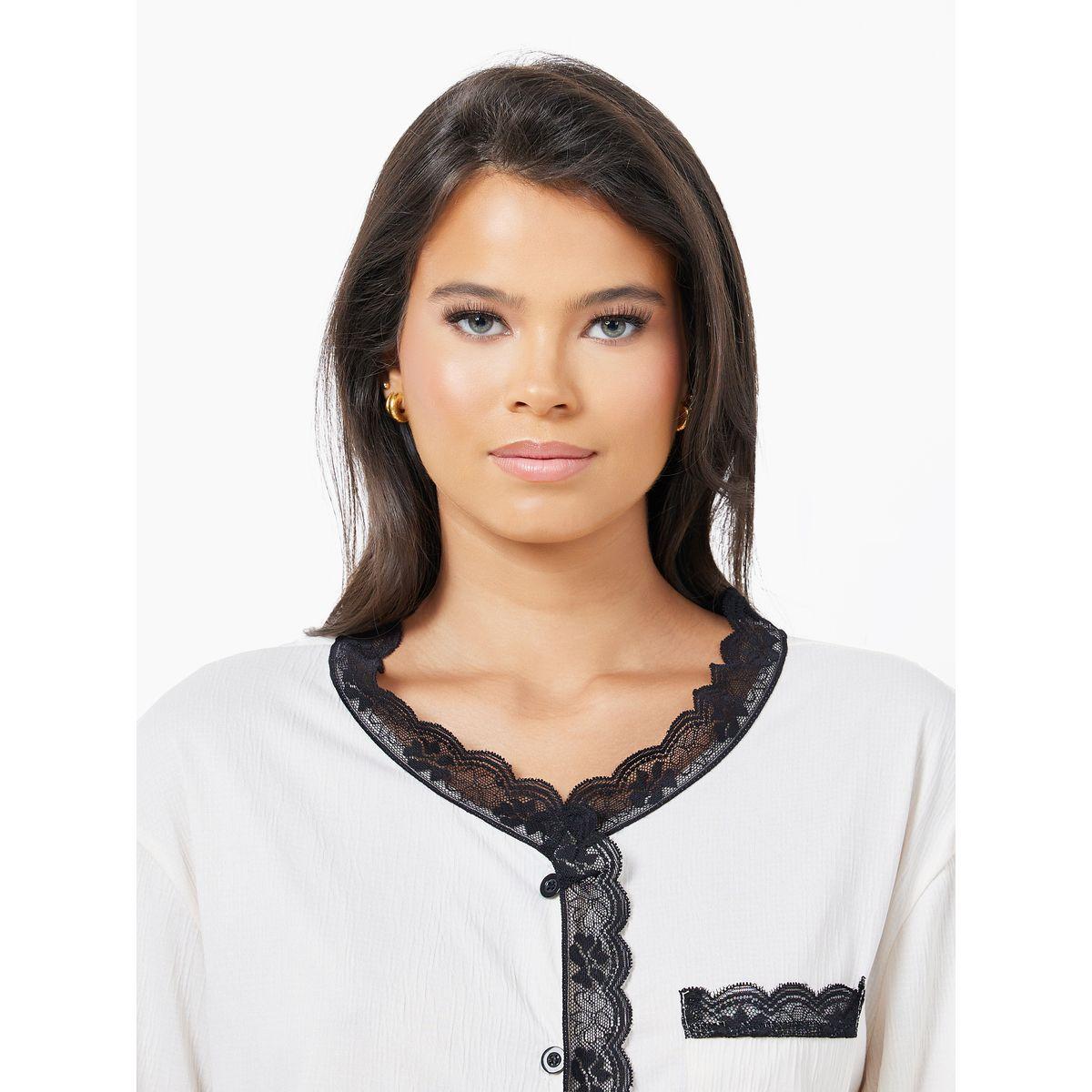Styli Unwind Contrast Lace Edge Button Through Shirt & Pyjama Set-women-clothing-nightwear-pyjamas-longsets-image-3