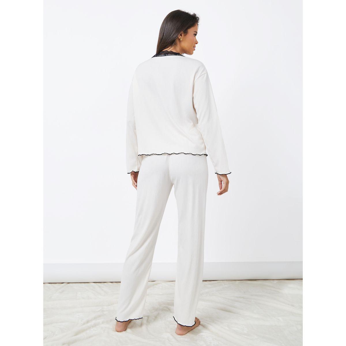 Styli Unwind Contrast Lace Edge Button Through Shirt & Pyjama Set-women-clothing-nightwear-pyjamas-longsets-image-5