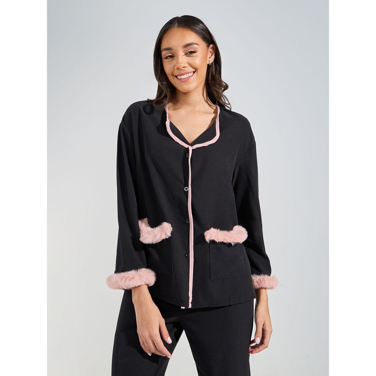 طقم من بنطال بيجاما مع بلوزة بتفاصيل فليس وازرار غلق-women-clothing-nightwear-pyjamas-longsets-image-2