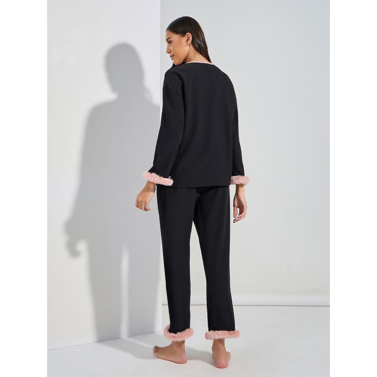 طقم من بنطال بيجاما مع بلوزة بتفاصيل فليس وازرار غلق-women-clothing-nightwear-pyjamas-longsets-image-5