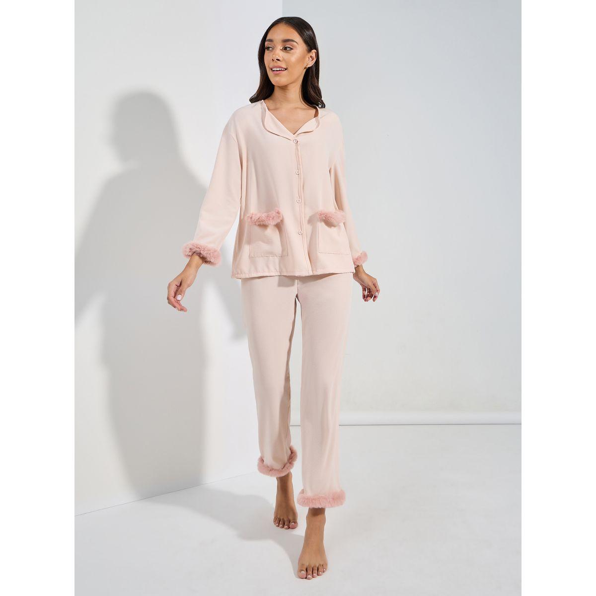 Styli Unwind Fleece Trim Button Through Shirt & Pyjama Set-women-clothing-nightwear-pyjamas-longsets-image-1