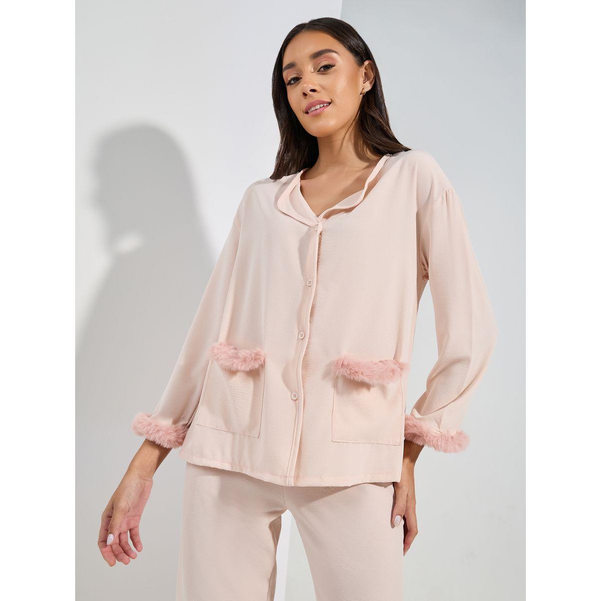 Styli Unwind Fleece Trim Button Through Shirt & Pyjama Set-women-clothing-nightwear-pyjamas-longsets-image-2