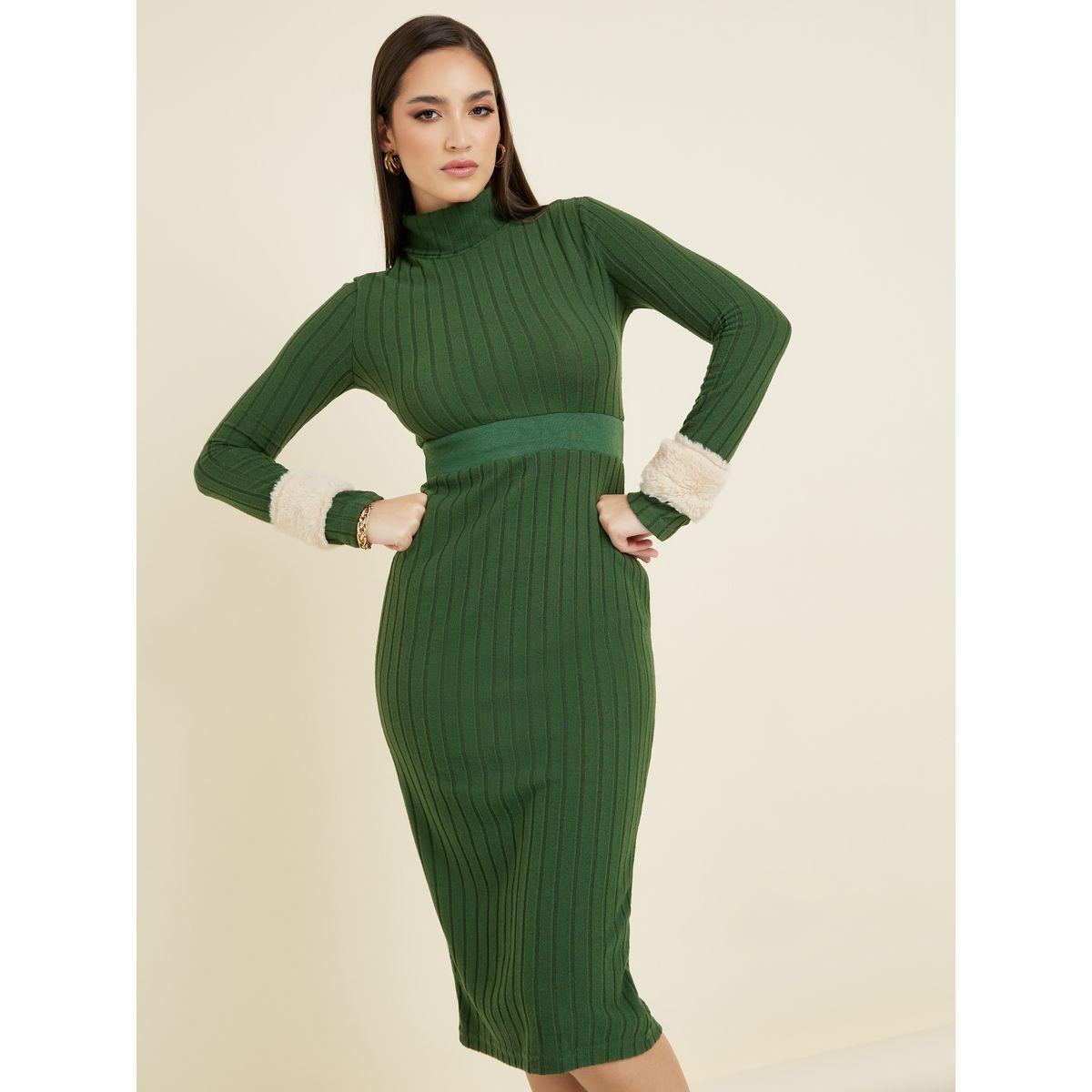 فستان ميدي مضلع بفرو صناعي-women-clothing-dresses-image-2