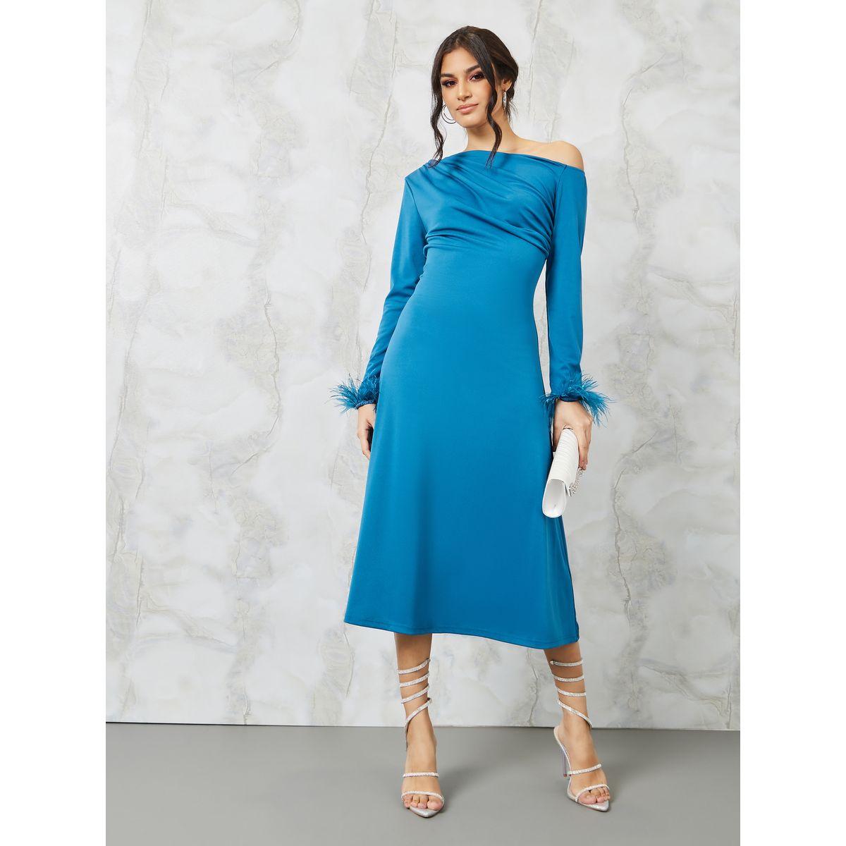 Styli Faux Feather Trim One Shoulder A-Line Midi Dress-women-clothing-dresses-image-1