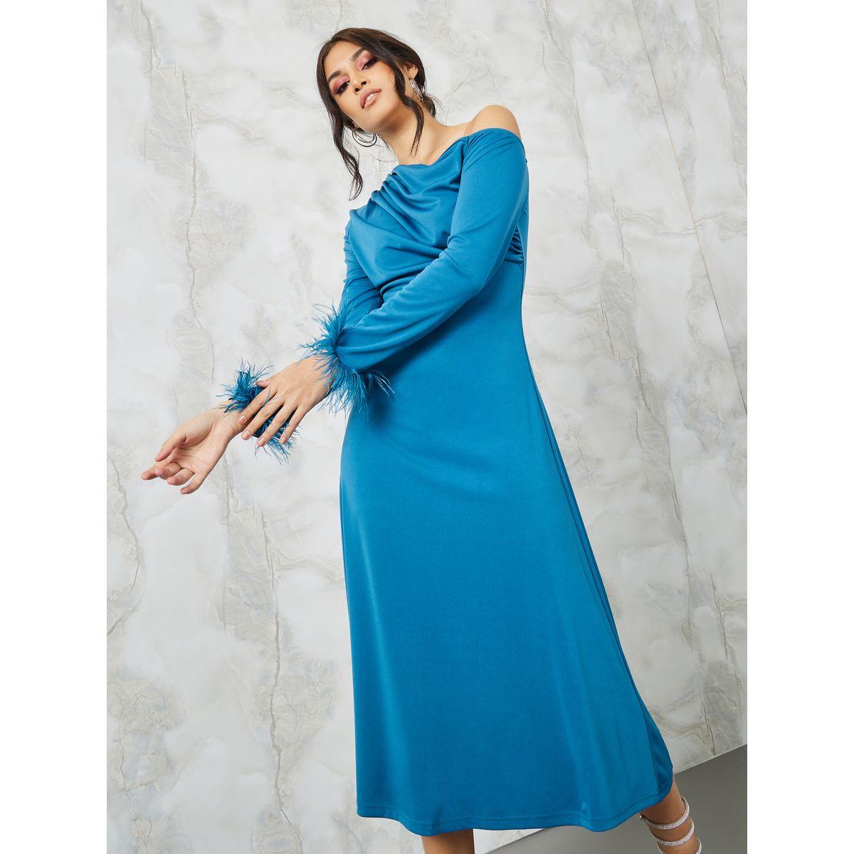 Styli Faux Feather Trim One Shoulder A-Line Midi Dress-women-clothing-dresses-image-2