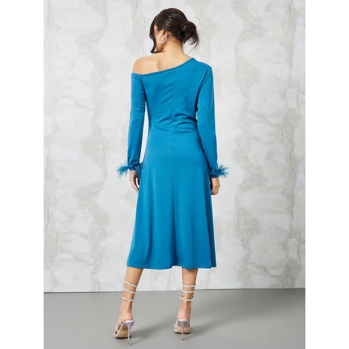 Styli Faux Feather Trim One Shoulder A-Line Midi Dress-women-clothing-dresses-image-4