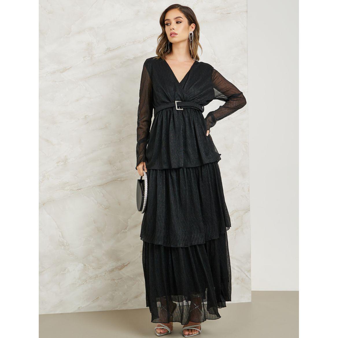 Styli Layered Lurex Belted Maxi Dress-women-clothing-dresses-image-1