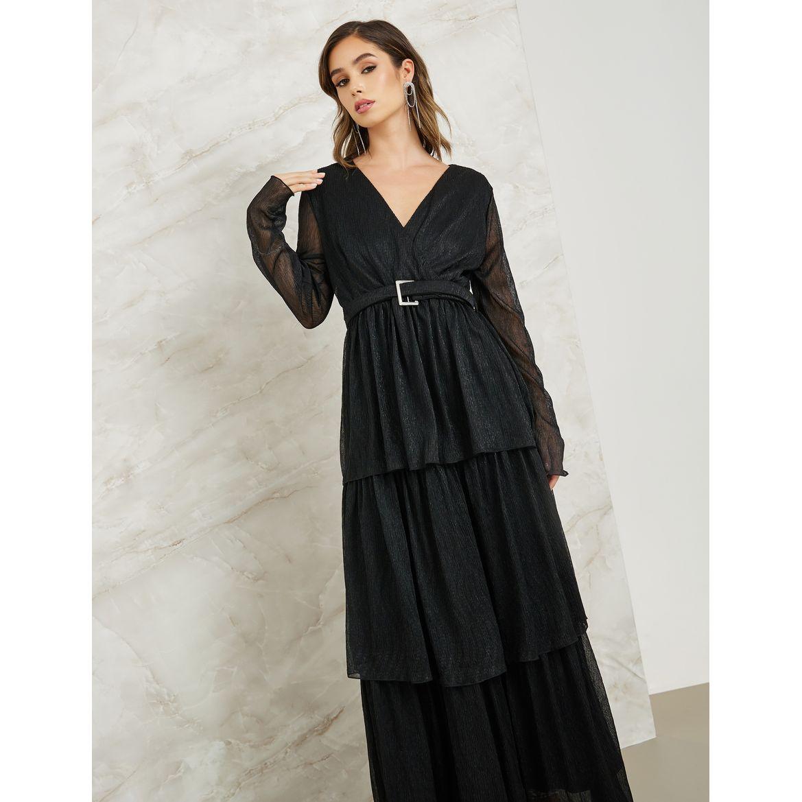 Styli Layered Lurex Belted Maxi Dress-women-clothing-dresses-image-2