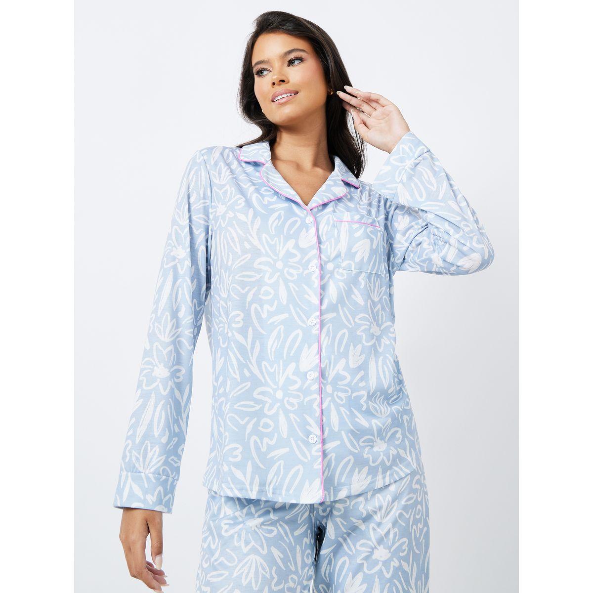 Styli Unwind Floral Print Piped Detail Shirt & Pyjama Set-women-clothing-nightwear-pyjamas-longsets-image-2
